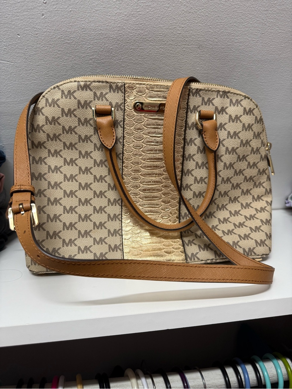 Michael Kors Beige Monogram Satchel with Gold Center Panel and Tan Straps